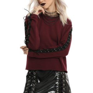Burgundy Lace Up Sleeve Cropped Sweatshirt